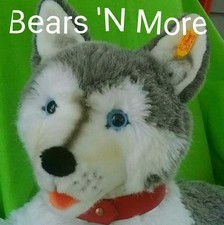 Steiff Molly husky dog 33 1/2" long EAN 104947 yellow flag and button in ear