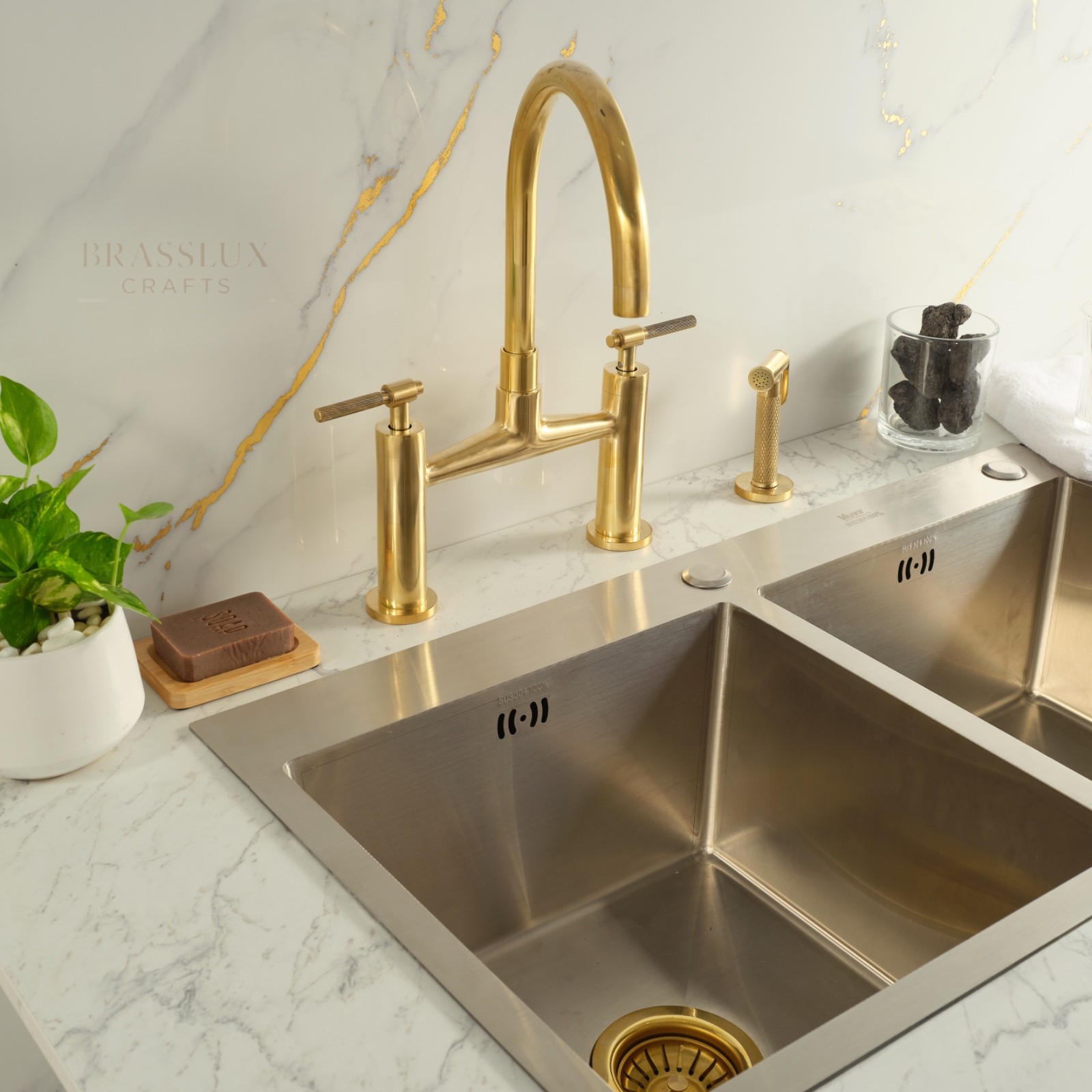 Vintara Unlacquered Brass Bridge Kitchen Faucet, Side Sprayer, 360&deg; Swivel Spout