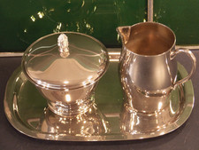 antik Milchkännchen Zuckerdose Messing versilbert sehr edel auf Tablett