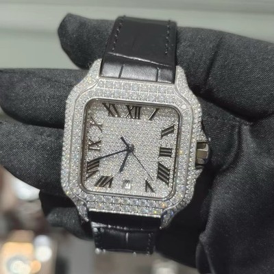 Men s Moissanite Watch GRA Certified Silver Iced Out Leather Band