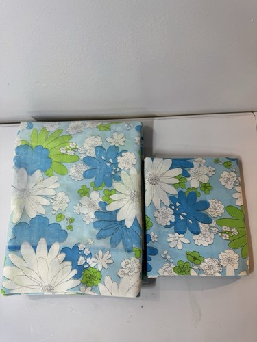 VTG Cannon Monticello Twin Flat & Pillowcase Flower Power Mod 60-70s Blue Green - Picture 2 of 16