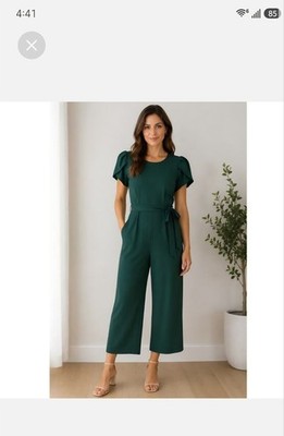 Calvin Klein Green Tulip Sleeve Belt Stretch Crop Jumpsuit Pockets 14