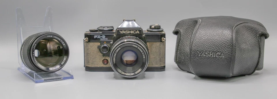 Cuerpo de cámara réflex de película de 35 mm de cuarzo Yashica FX-D + 3 lentes/bobinadora de contacto/manual Foto 2 de 4