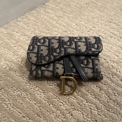 Christian Dior Logo Folding Wallet with Metal D Charm Black Beige