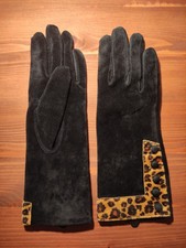 DENTS vintage black leather suede gloves, leopard print, small