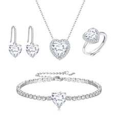 Heart Jewelry Set for Women, Silver Cubic Zirconia Pendant Necklace Dangle Ea...