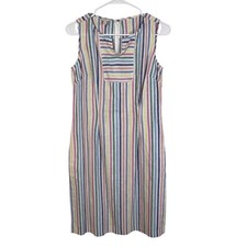 Talbots Striped Rainbow Sleeveless Dress Size 6 Linen Cotton Pockets (B584)