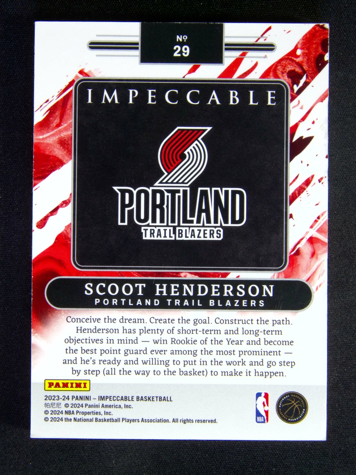 1/8≈1/1 2023-24 Impeccable Scoot Henderson #29 RC NBA Logoman Silver Bar Red view 2