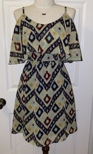 Indulge Bohemian Geometric Chiffon Ruffle Cold Shoulder V-Neck Dress M