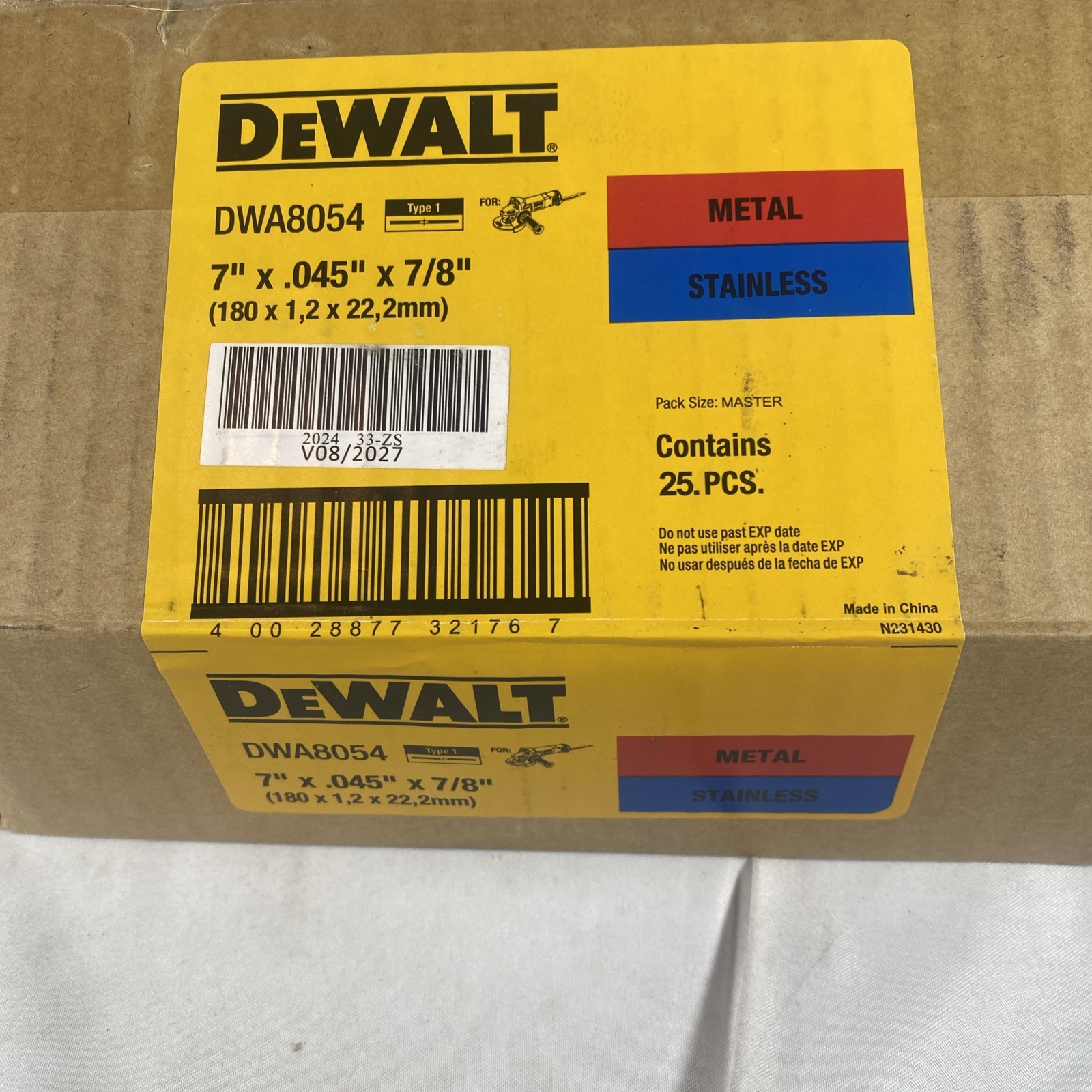 Box Of 25 DeWALT 7" x .045" x 7/8" METAL / STAINLESS CUT-OFF WHEELS, (DWA8054)