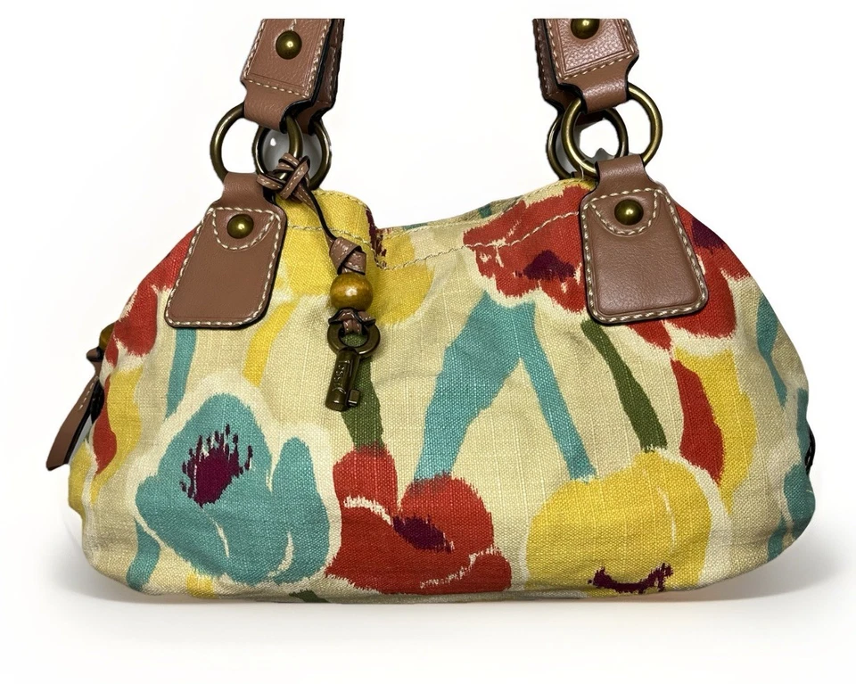 "Bolso hobo vintage de lona FOSSIL floral colorido 15"" x 7"" con llave" Foto 3 de 4
