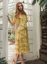 Anthropologie by Mac Duggal 8010 Mesh Ruffle Botanical Vines Midi Dress Size 18