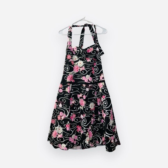 Lapis Black Floral Print Y2K Halter Top Cotton Fit & Flare Dress size large Lapis Black Floral Print Y2K Halter Top Cotton Fit & Flare Dress size large
