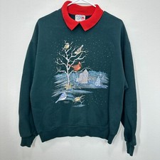 Vintage Red Cardinal Grandma Collared Green Sweatshirt Size Large Birding Winter