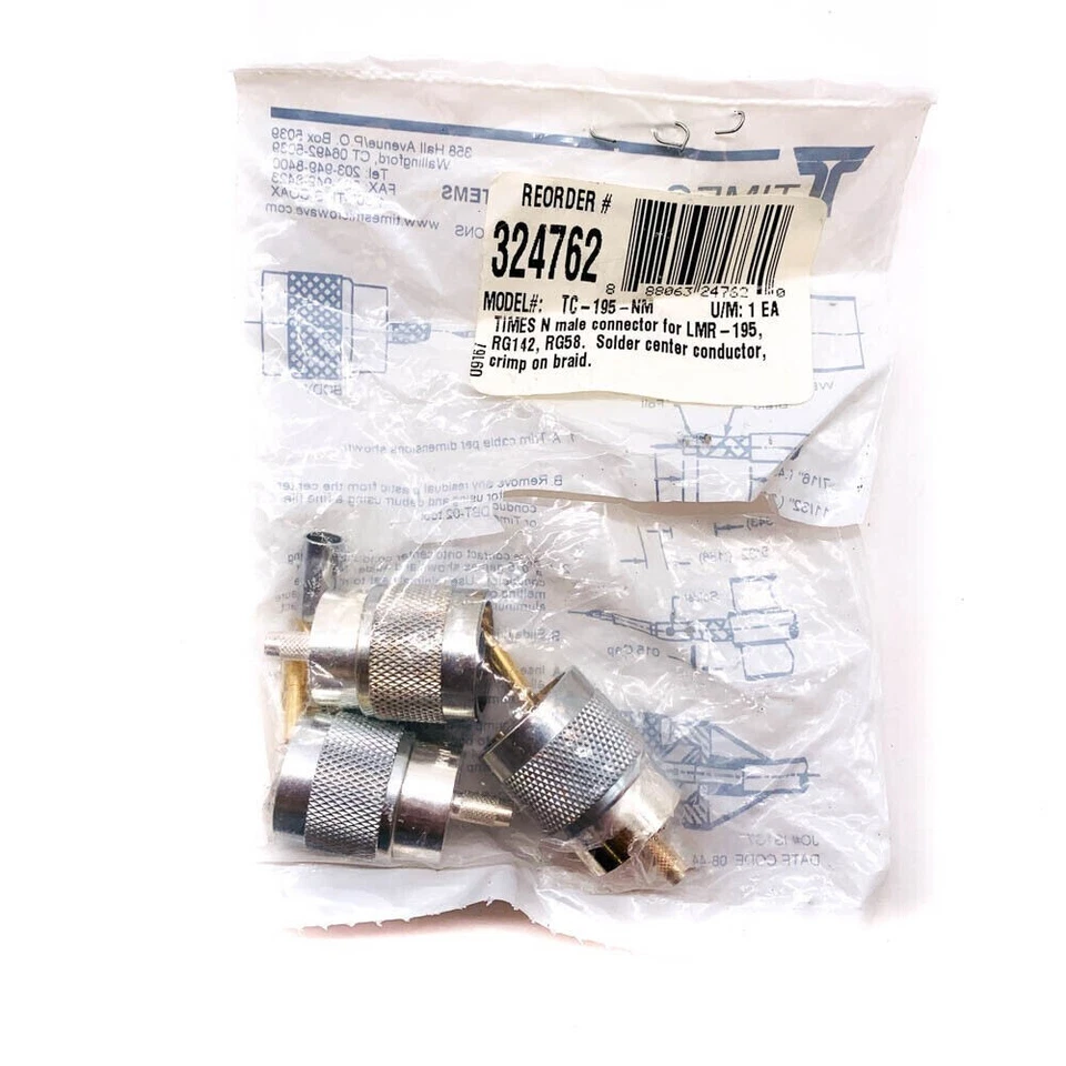 Conector de enchufe coaxial 3 piezas Times TC-195-NM RF N crimpado macho para cable LMR-195 Foto 2 de 4