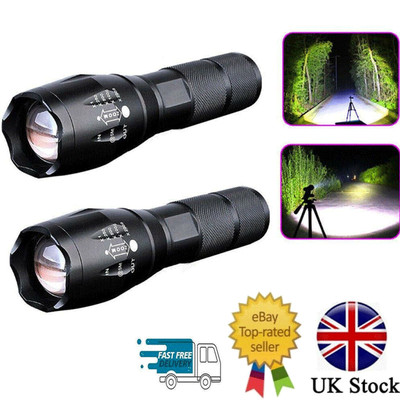 2-Pack T6 120000LM Super Bright LED Flashlight, Zoomable & Rechargeable Via USB (Black, Aluminium, IP65 Water Resistant, 1x18650 Battery)