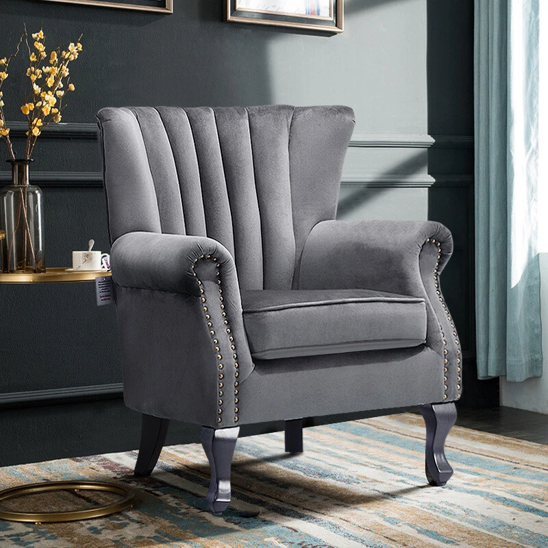 Grey Velvet Padded Armchairs Sofa Seat Wing Back Shell Reception Accent Chair UK