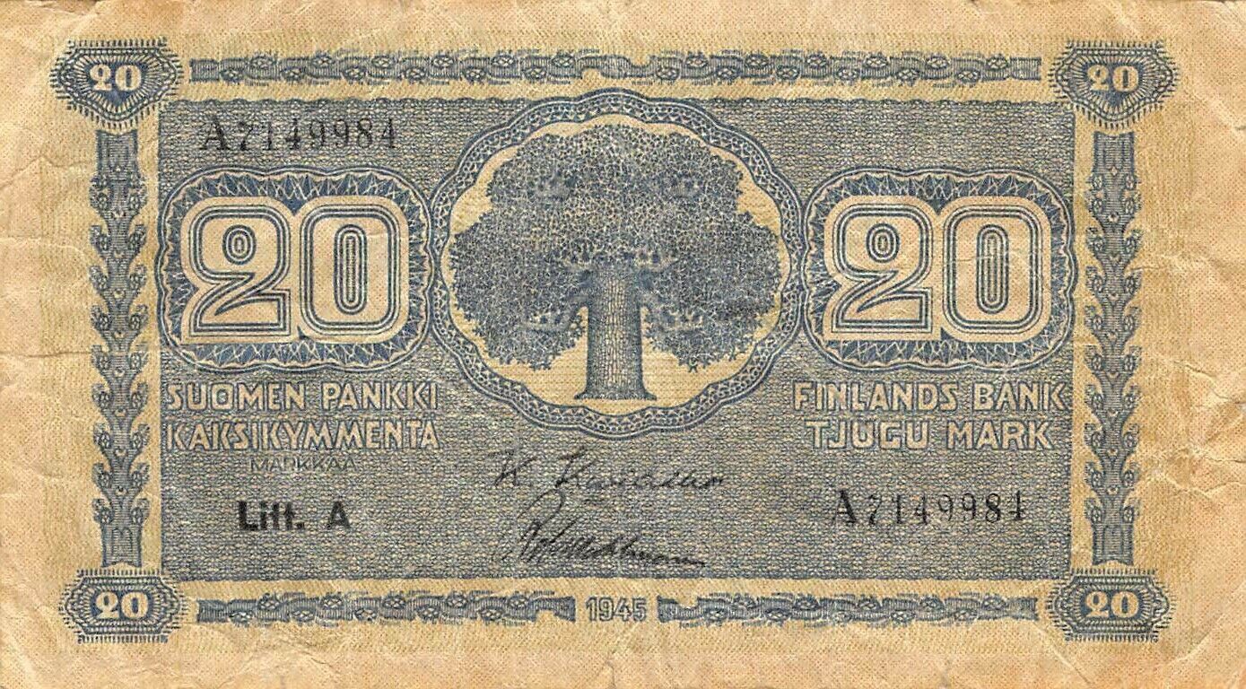 Finland Limited time cheap sale 20 Mark 1945 Series A Banknote Litt. OFFicial mail order Circulated