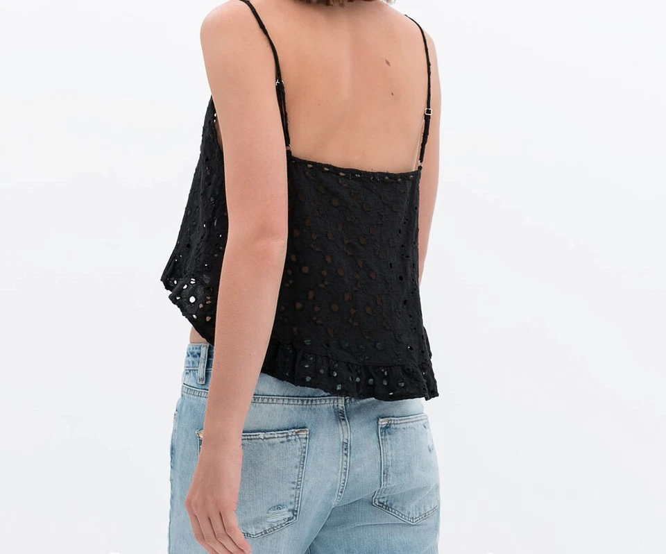 crop top évasé destructuré coton effet broderie anglaise NOIR ZARA L - Photo 4/4