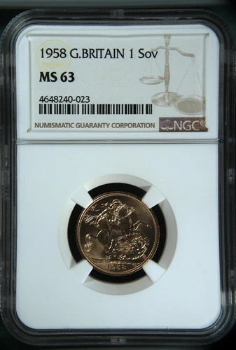 Great Britain 1958 Gold Full Sovereign Coin NGC MS 63 QUEEN ELIZABETH BU UNC