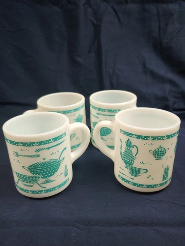 Set/4 Hazel Atlas "Kitchen Aid" White And Turquoise Retro Coffee Mugs 