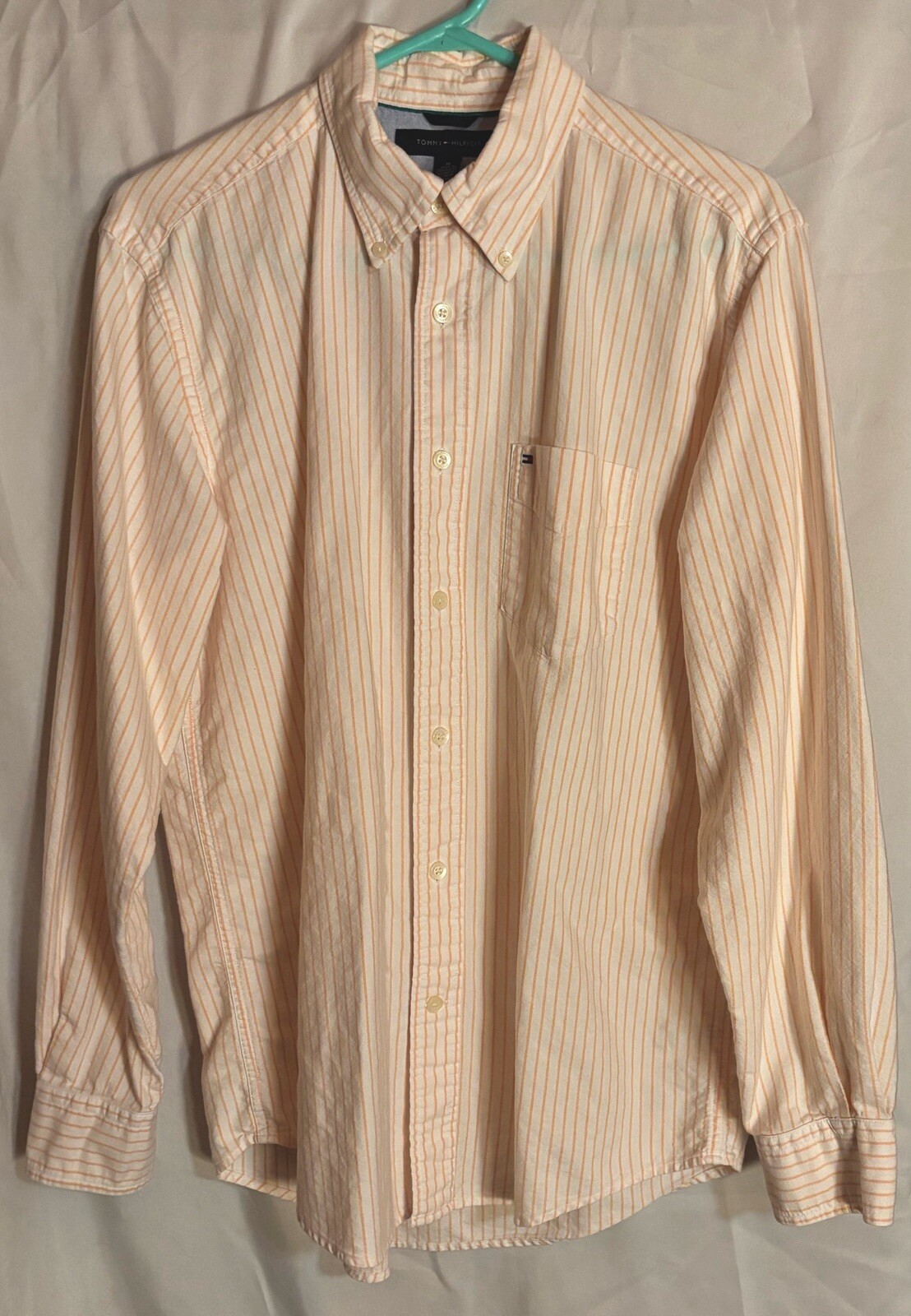 Tommy Hilfiger Mens M Medium Long Sleeve Button Down White Orange Stripe Shirt