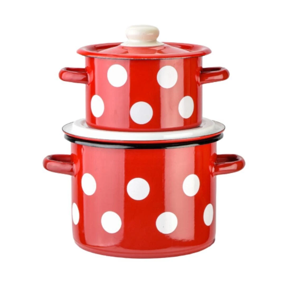 Novomoskovsk Polka Dot Enamel Stockpot Set Vintage Cooking Pot Set [2 qt, 5 qt]