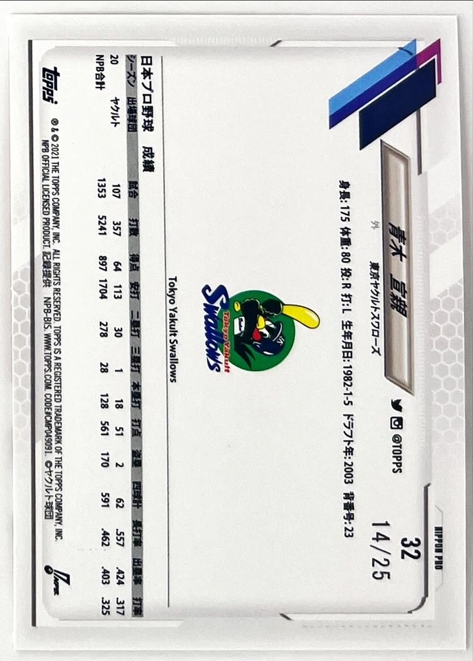 2021 Topps NPB Norichika Aoki #32 Naranja Arcoíris Lámina SSP /25 Golondrinas Foto 2 de 2