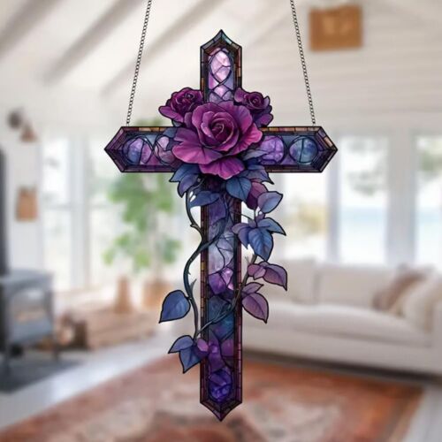 Purple Rose Cross Suncatcher Hanging Decor, Flat Stained Acrylic Suncatcher
