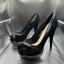 Size 6.5 - H By Halston  Suede Leather Stilettos Snakeskin Accents Peep (Z2)