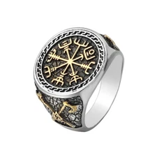 Vintage Viking Compass Signet Ring Stainless Steel Men Boy Biker Cross Axes Ring