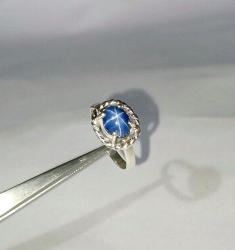 Blue Star Sapphire Oval Ring 925 Sterling Silver Blue Star Handmade Ring Jewelry - Picture 8 of 14