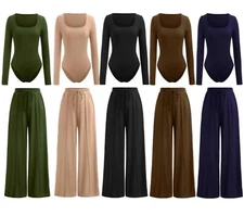 Ladies Bodysuit Wide Leg Trouser Set Womens Two Piece Palazzo Co Ord Tracksuit