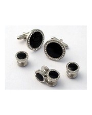 Jet Black Center w/ Pave Crystal Trim Cufflinks and Studs in Silver Tone Finish