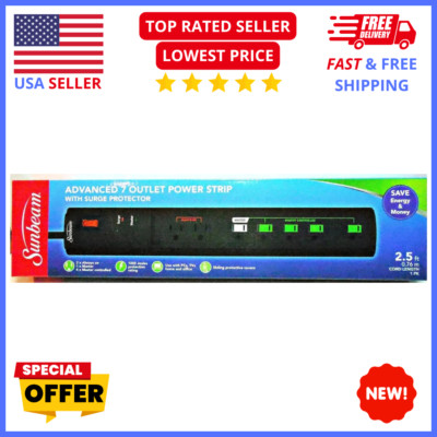 Sunbeam 7-Outlet Surge Protector Power Strip 1-Pack w/ Advanced Safety Features
