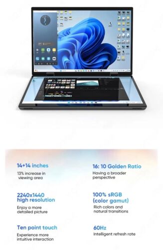 ZeeTec 14" DUAL SCREEN LAPTOP COMPUTER 360 Degrees Flip Intel N95 16GB 512GB SSD - Picture 12 of 18