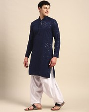 Blue Embroidered sequins Chikenkari Kurta With Salwar For Men