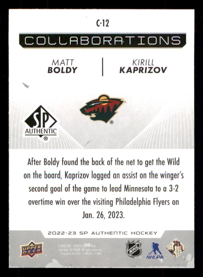 2022-23 SP Authentic Collaborations #C12 Matt Boldy/Kirill Kaprizov - Image 2 of 2