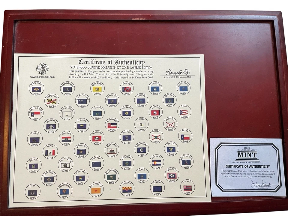 The Morgan Mint Statehood Quarter Dollars 24kt Gold Layered 1999-2008 With COA  - Image 3 of 3