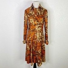 Vintage 1970s Women’s Size 12 Brown Orange Patterned Long Sleeve Dress