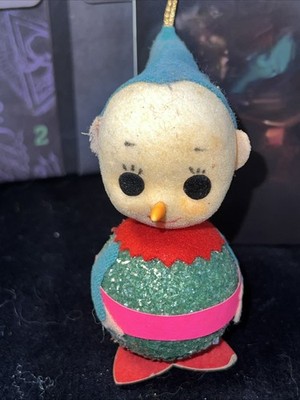 Vintage Christmas Wolin Japan Big Eye Elf Flock Felt Glitter Ornament 