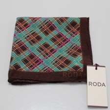 Roda NWT 100 Wool Pocket Square In Brown w/ Teal Pink Plaid Made in Italy