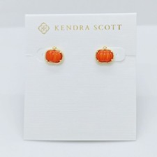 New Kendra Scott Pumpkin Gold Plated Stud Earrings In Orange Shell