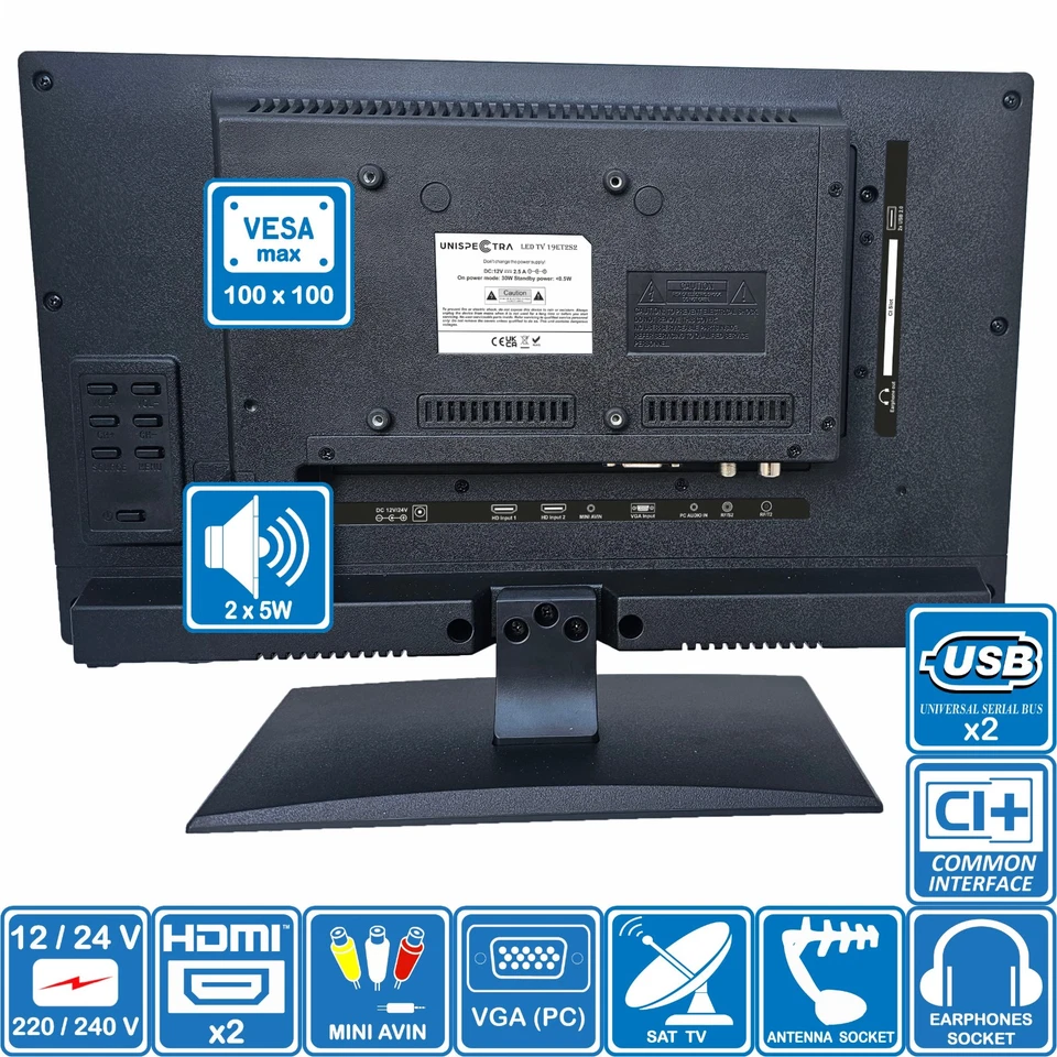 Unispectra® 19" 12V / 240V HD LED Freeview TV MOTORHOME CARAVAN BOAT TRUCK VAN - Image 3 of 4