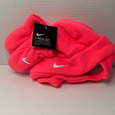 Nike Baby Infant Size Fleece Chin Strap Trapper Hat and Mittens 2 Piece Set Pink