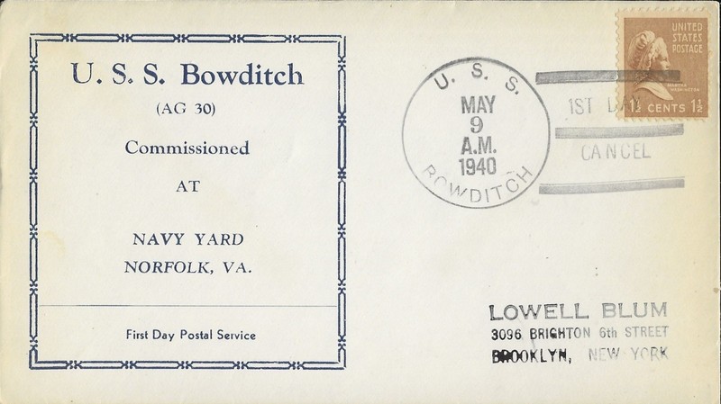 9 May 1940 Naval Cover, First Day Postal Service, USS Bowditch AG-30