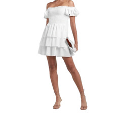NWT EXPRESS White Smocked Stretch Short Sleeve Ruffle Lined Dress Size L