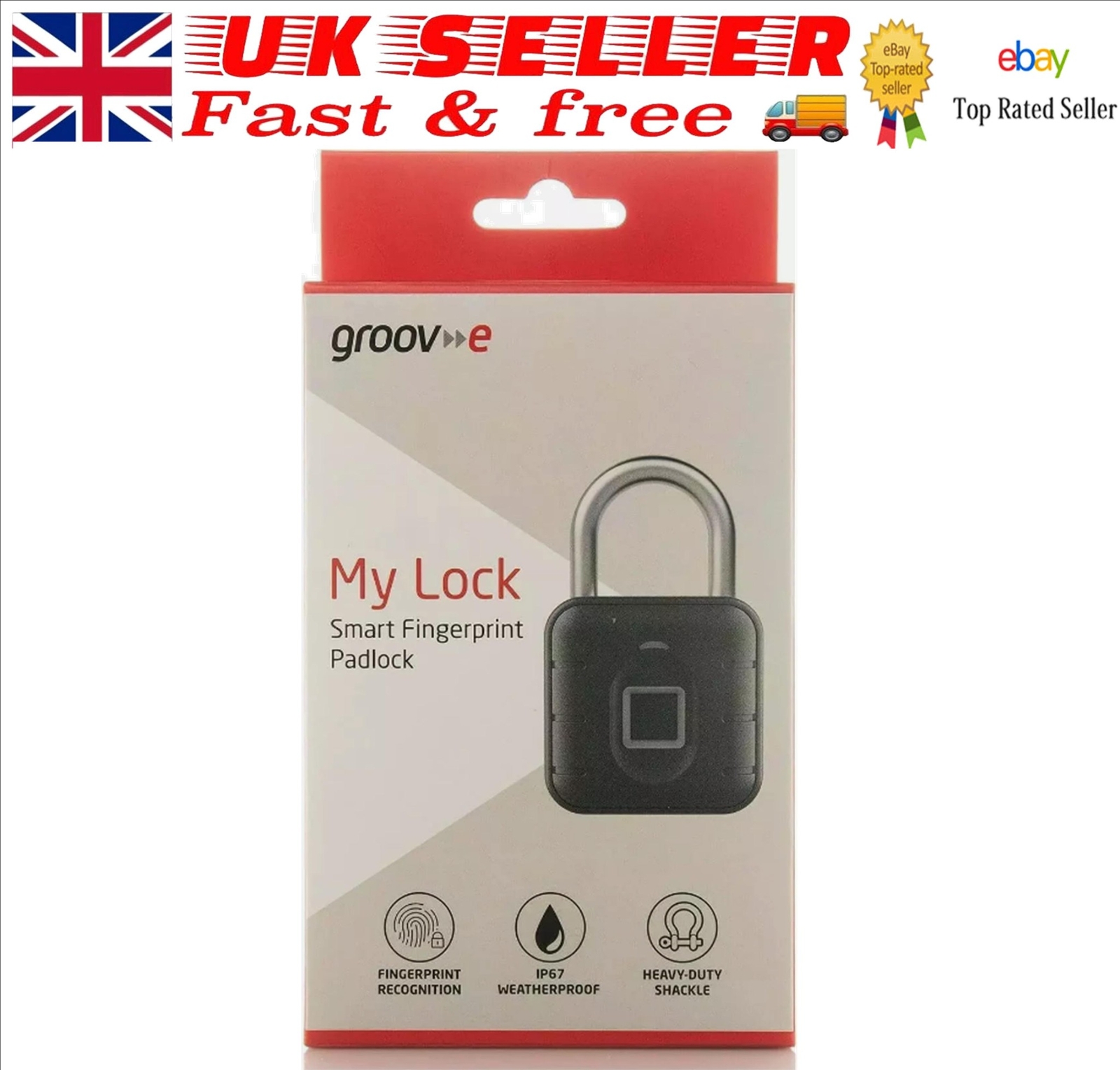 Groov-e Smart Fingerprint Padlock for Luggage & Garage & Shed Weatherproof Black