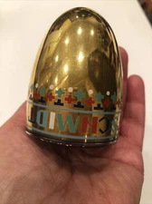 Vintage Wolfschmidt Vodka Shot Glass Gold w Colorful Holiday Decorations 2 3/4"
