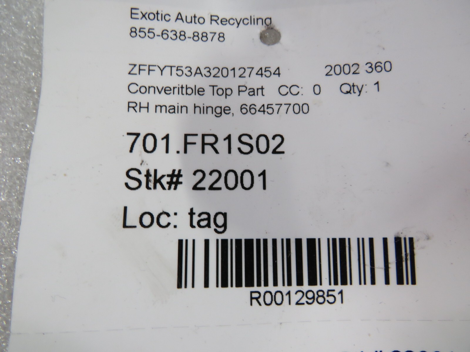 Ferrari 360 Spider, F430, RH, Convertible Top Master Support, Used, P/N 66457700